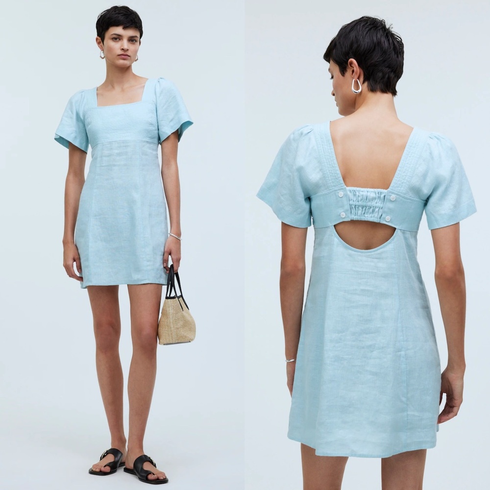 NEW MADEWELL Blue Heron LINEN Square-Neck CUTOUT BACK Mini DRESS 6